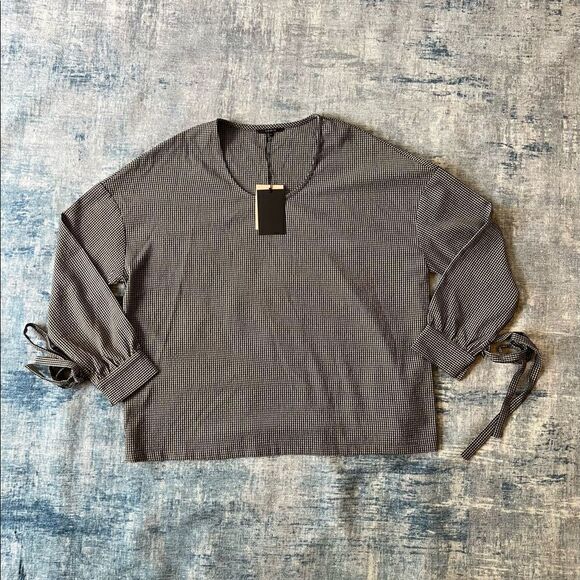 NWT! FRNCH Paris Blue White Gingham Check Long Tie Sleeve Blouse M/L - Picture 1 of 11